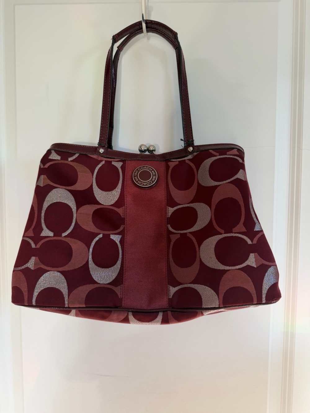 Coach Burgundy Signature C Canvas Shoulder Bag with Leather Trim